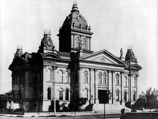 Completed 1875. Alameda's Victorian courthouse was built on Oakland's Washington Square after the county seat was moved from Alvarado (part of present-day Union City) to San Leandro and finally to Oakland. The ornate brick building had fallen into disrepair by the mid-1920s (judges called it a "vermin-infested menace to health and records"). During heavy winter rains in its final years, bailiffs held umbrellas over the bench to shield judges from leaks. In 1936, a new county center on Lake Merritt replaced the old courthouse, which county supervisors voted to demolish in 1949. Courtesy Oakland Public Library