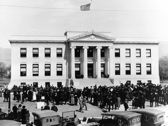 Completed 1921. After three previous courthouses were lost to earthquake and fire, Inyo's fourth and current courthouse was built to resist both. The region's only example of monumental Neoclassical Revival public architecture, this courthouse was placed on the National Register of Historic Places in 1998 in recognition of its "integrity of feeling and association." It was here in Independence that 24 members of the Manson Family were jailed in 1969 for possession of stolen vehicles and property. Within days of his preliminary hearing, Charles Manson was indicted in the Tate murders and transferred to Los Angeles. Courtesy Eastern California Museum