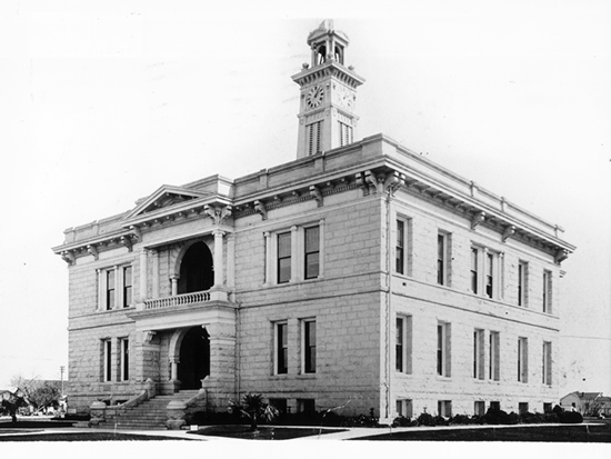 Completed 1901. After Madera was created from the northern section of Fresno County in 1893, the first superior court was located on the upper floor of a drugstore while plans were made for a courthouse to be built of local granite. Just five years after the completion of the courthouse, a fire on Christmas Eve 1906 destroyed the upper floors and tower, which were quickly rebuilt. The courts and county offices moved out of the building in 1957, and it remained vacant until 1971, when it was renovated as the Madera County Historical Society Museum. The courthouse is listed on the National Register of Historic Places. Courtesy California State Library