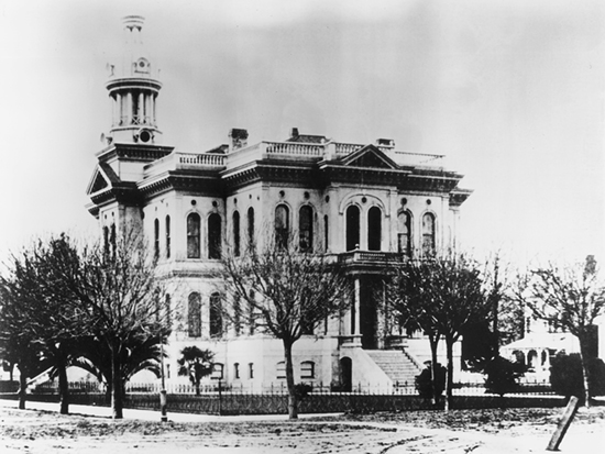 Completed 1888. San Benito's third courthouse was a lavishly decorated building with an exterior modeled on the Farnese Palace in Rome and elaborate balustrades of polished red cedar within. The Hollister landmark withstood many earthquakes but was structurally damaged in a 1961 quake. The courts were moved into a quickly remodeled library while a new courthouse was constructed. The old courthouse was razed the following year. Courtesy Harry Callum, Hollister