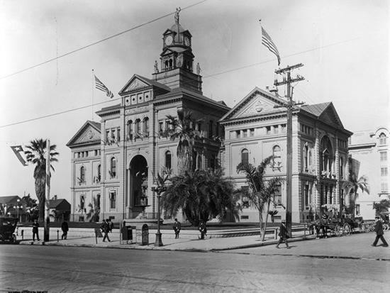 Completed 1889. The 42 stained-glass windows from the clerestory of the 19th-century building, which was razed in 1959, are now displayed in county courthouses around San Diego, including 12 in the central atrium of the Hall of Justice. The elaborate windows depict the Great Seals of all the states then in the Union and were recovered from a rented storage area in 1978. Courtesy San Diego Historical Society