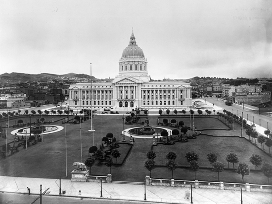 Completed 1915. The great earthquake and fire of 1906 demolished both San Francisco's Hall of Justice and City Hall, where the civil courts were located. A new Hall of Justice was completed on Portsmouth Square near Chinatown in 1911, while the civil courts returned to the new City Hall, now part of a grand Civic Center complex, in 1916. The monumental beaux-arts structure was damaged in the Loma Prieta earthquake of 1989 and closed for retrofitting. The civil courts returned to the newly built Civic Center Courthouse adjacent to City Hall in December 1997. City Hall was completed in late 1998 and reopened to the public in January 1999. The Civic Center is listed on the National Register of Historic Places. Courtesy Bancroft Library