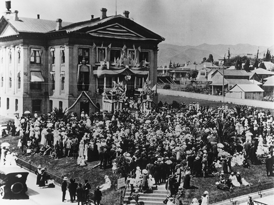 Completed 1873. San Luis Obispo officials agreed to construct a new courthouse after the district attorney pronounced the adobe used for county business since 1851 "a marvel of repulsiveness, and the courtroom with its wretched appointment a disgrace to the county." This classic Greek Revival building (shown during a Fourth of July celebration) was welcomed by new residents as a break from the colonial past and became the center of the growing town. The courthouse was demolished in 1940. Courtesy San Luis Obispo Historical Museum and State Bar of California