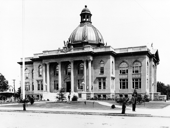 Completed 1910. The fourth and grandest of San Mateo's courthouses was built on the site of the second and third, which were destroyed in the 1906 earthquake. It was here in Redwood City in 1931 that the colorful jurist George H. Buck decided the Flood Estate case, a battle over the estate of a wealthy financier and philanthropist that gained national attention. The Roman Renaissance building was turned over to the San Mateo County Historical Association in 1997 and is listed on the National Register of Historic Places. Courtesy Redwood City Public Library