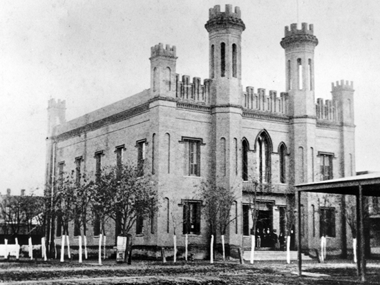 Completed 1855. Many of Yuba's early citizens objected to the use of the St. Charles Hotel, "a flimsy frame building with canvas partitions," as the county courthouse. Accordingly, they selected this sturdy design, modeled after the insignia of the U.S. Army Corps of Engineers, as the county's first true courthouse. The building in Marysville served the county for 107 years until 1962, when the courts moved to a more modern facility. The old courthouse was razed the following year. Courtesy Meriam Library, California State University, Chico, and Community Memorial Museum